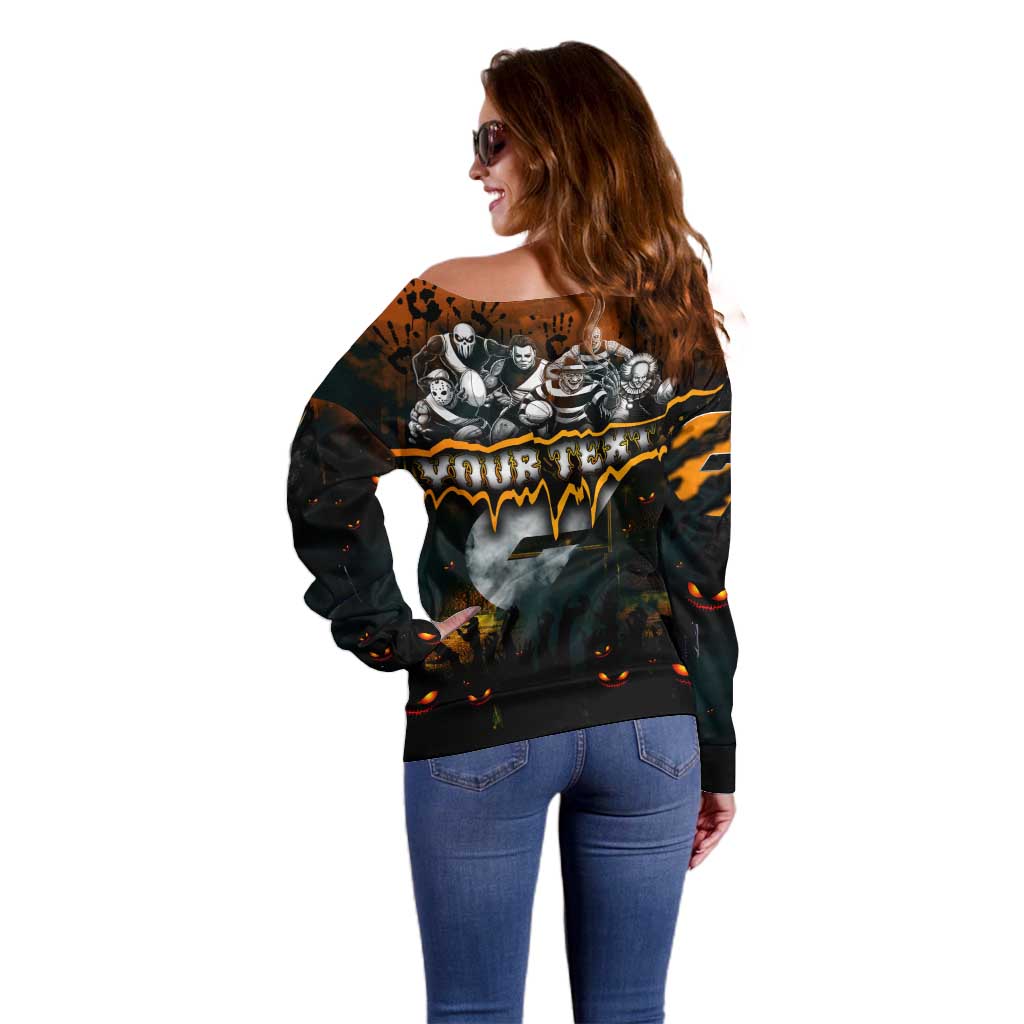 Step Into Horror Domain Giants Football Off Shoulder Sweater Halloween Horror Movie Characters - Aussie Hoodie