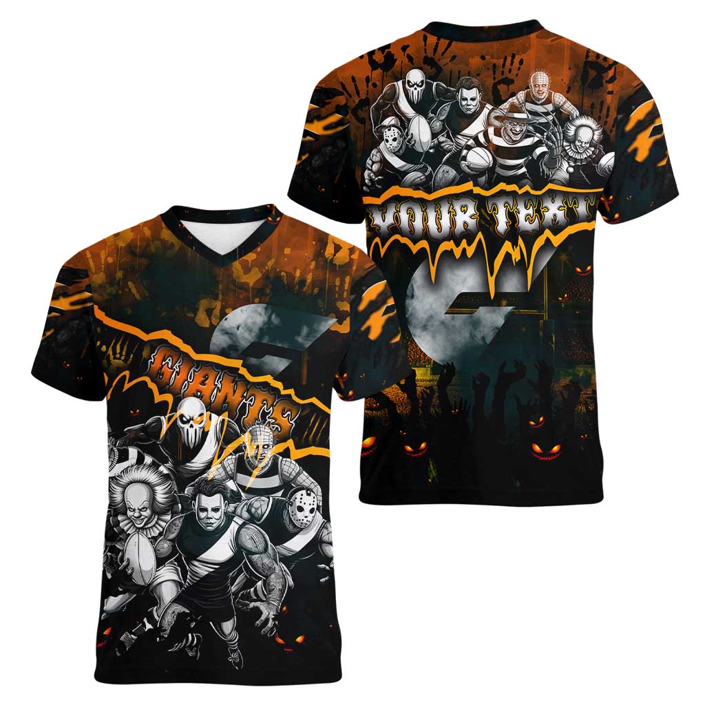 Step Into Horror Domain Giants Football Women V-Neck T-Shirt Halloween Horror Movie Characters - Aussie Hoodie