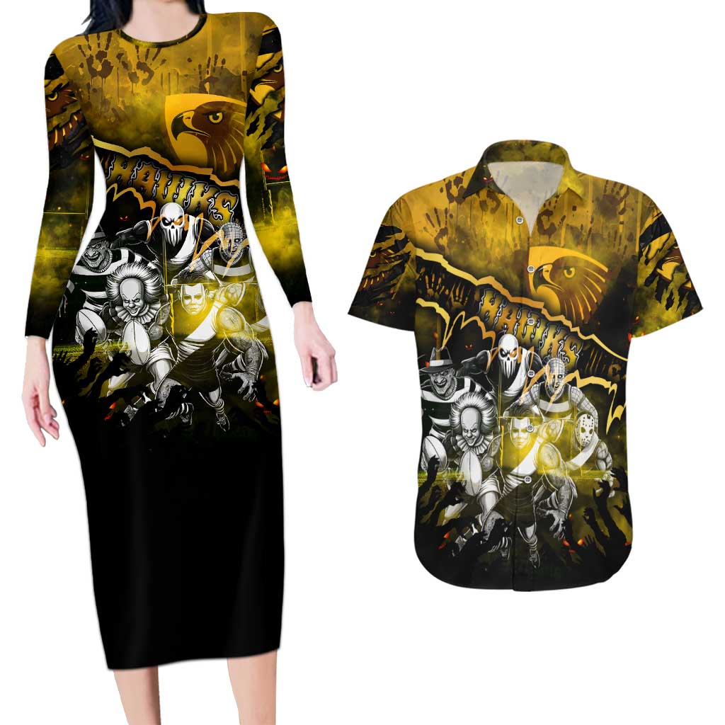 Step Into Horror Domain Hawks Football Couples Matching Long Sleeve Bodycon Dress and Hawaiian Shirt Halloween Horror Movie Characters - Aussie Hoodie