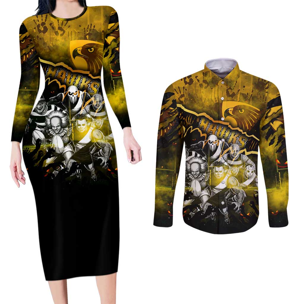 Step Into Horror Domain Hawks Football Couples Matching Long Sleeve Bodycon Dress and Long Sleeve Button Shirt Halloween Horror Movie Characters - Aussie Hoodie
