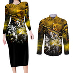 Step Into Horror Domain Hawks Football Couples Matching Long Sleeve Bodycon Dress and Long Sleeve Button Shirt Halloween Horror Movie Characters - Aussie Hoodie