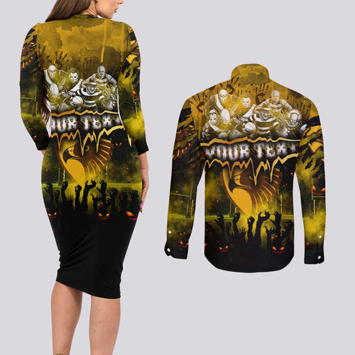 Step Into Horror Domain Hawks Football Couples Matching Long Sleeve Bodycon Dress and Long Sleeve Button Shirt Halloween Horror Movie Characters - Aussie Hoodie