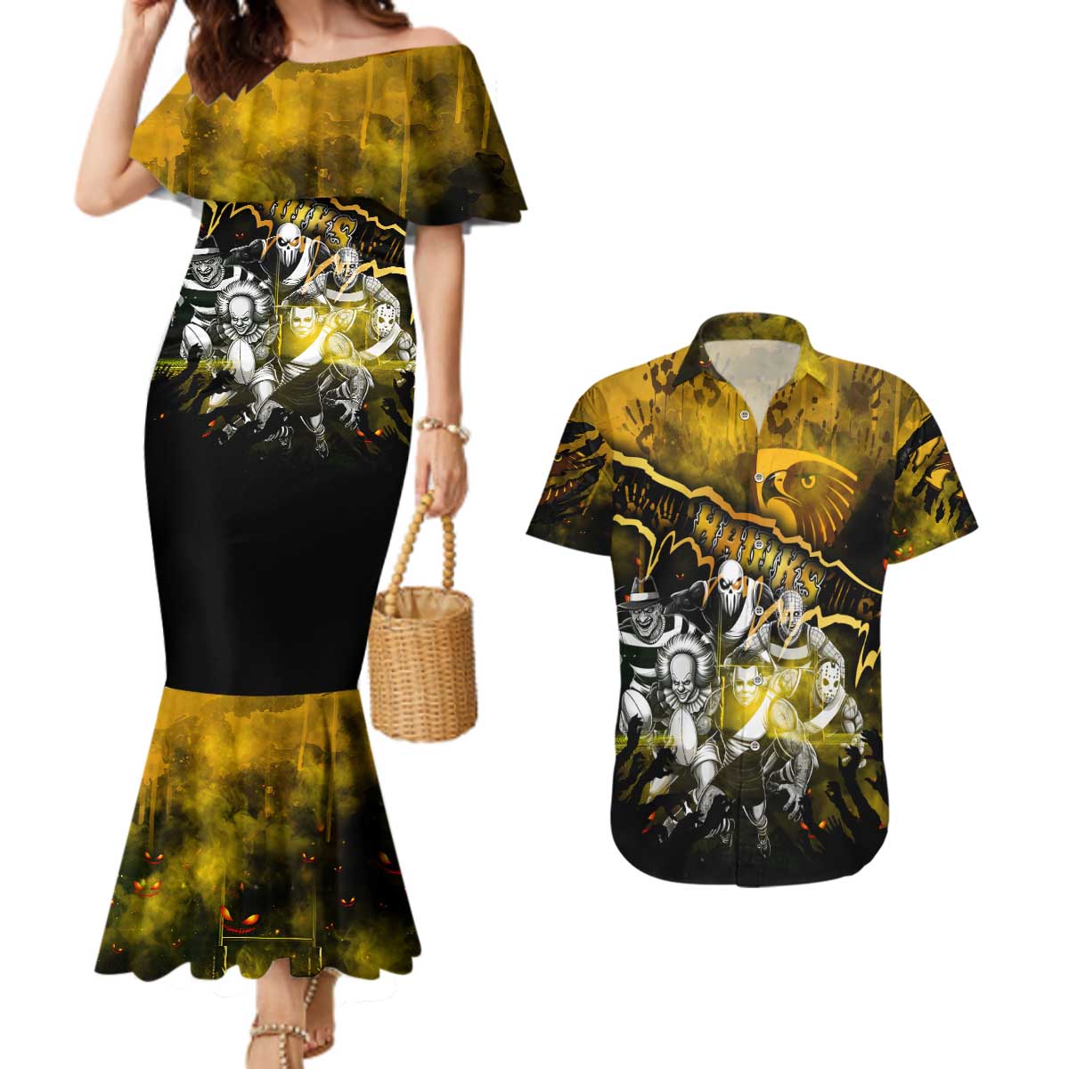 Step Into Horror Domain Hawks Football Couples Matching Mermaid Dress and Hawaiian Shirt Halloween Horror Movie Characters - Aussie Hoodie