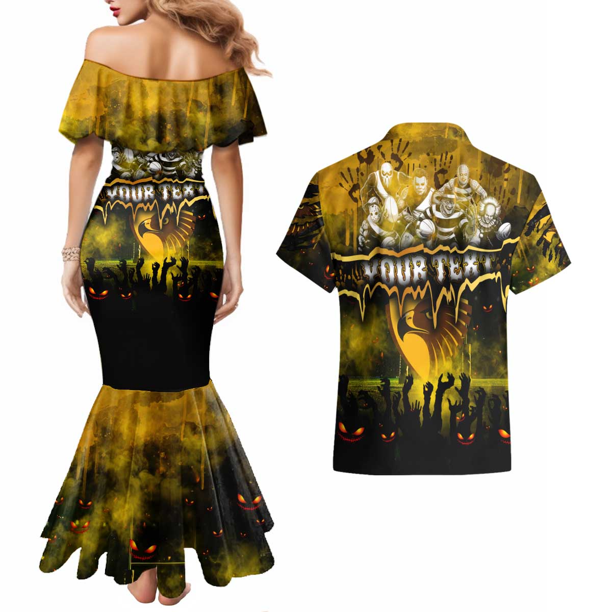 Step Into Horror Domain Hawks Football Couples Matching Mermaid Dress and Hawaiian Shirt Halloween Horror Movie Characters - Aussie Hoodie