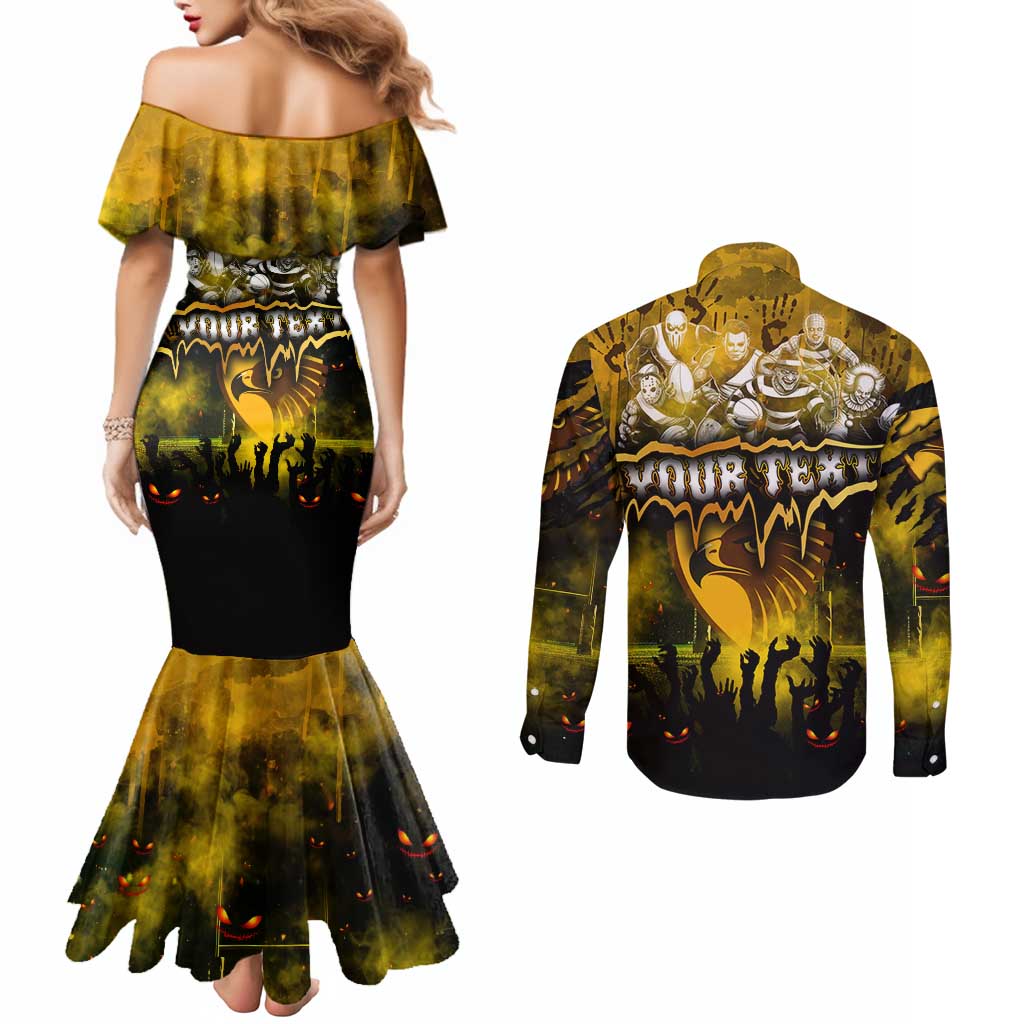 Step Into Horror Domain Hawks Football Couples Matching Mermaid Dress and Long Sleeve Button Shirt Halloween Horror Movie Characters - Aussie Hoodie