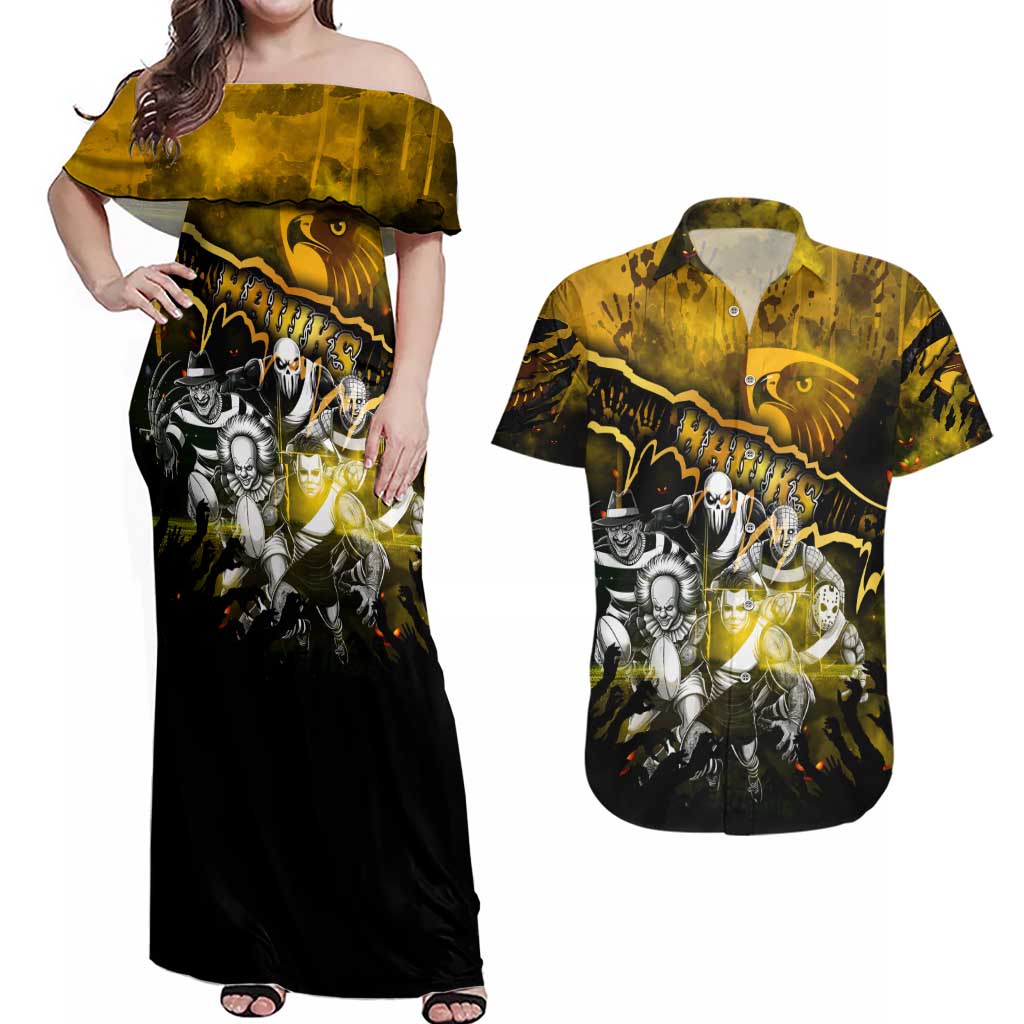 Step Into Horror Domain Hawks Football Couples Matching Off Shoulder Maxi Dress and Hawaiian Shirt Halloween Horror Movie Characters - Aussie Hoodie
