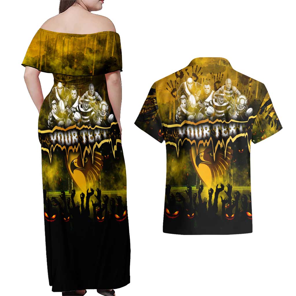 Step Into Horror Domain Hawks Football Couples Matching Off Shoulder Maxi Dress and Hawaiian Shirt Halloween Horror Movie Characters - Aussie Hoodie