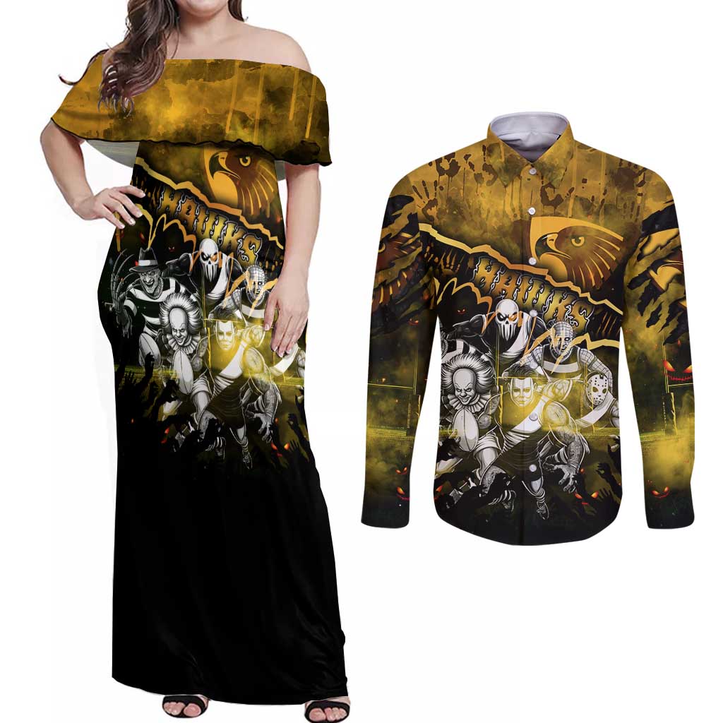 Step Into Horror Domain Hawks Football Couples Matching Off Shoulder Maxi Dress and Long Sleeve Button Shirt Halloween Horror Movie Characters - Aussie Hoodie