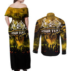 Step Into Horror Domain Hawks Football Couples Matching Off Shoulder Maxi Dress and Long Sleeve Button Shirt Halloween Horror Movie Characters - Aussie Hoodie