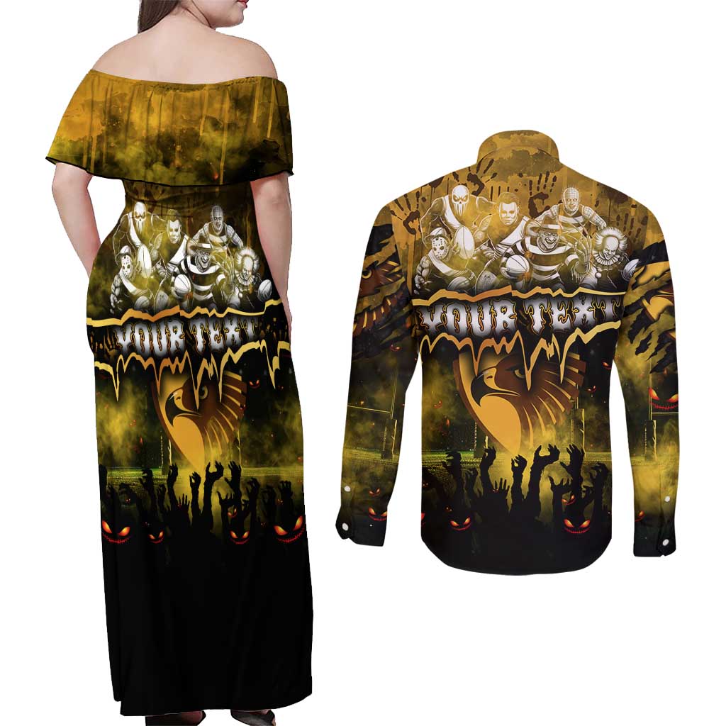 Step Into Horror Domain Hawks Football Couples Matching Off Shoulder Maxi Dress and Long Sleeve Button Shirt Halloween Horror Movie Characters - Aussie Hoodie