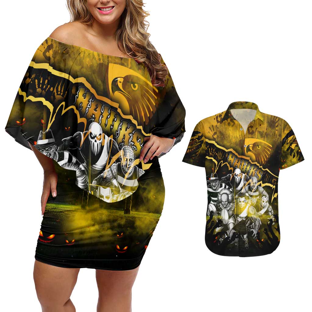 Step Into Horror Domain Hawks Football Couples Matching Off Shoulder Short Dress and Hawaiian Shirt Halloween Horror Movie Characters - Aussie Hoodie