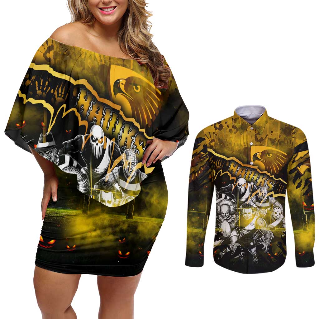 Step Into Horror Domain Hawks Football Couples Matching Off Shoulder Short Dress and Long Sleeve Button Shirt Halloween Horror Movie Characters - Aussie Hoodie