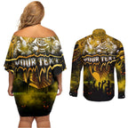 Step Into Horror Domain Hawks Football Couples Matching Off Shoulder Short Dress and Long Sleeve Button Shirt Halloween Horror Movie Characters - Aussie Hoodie