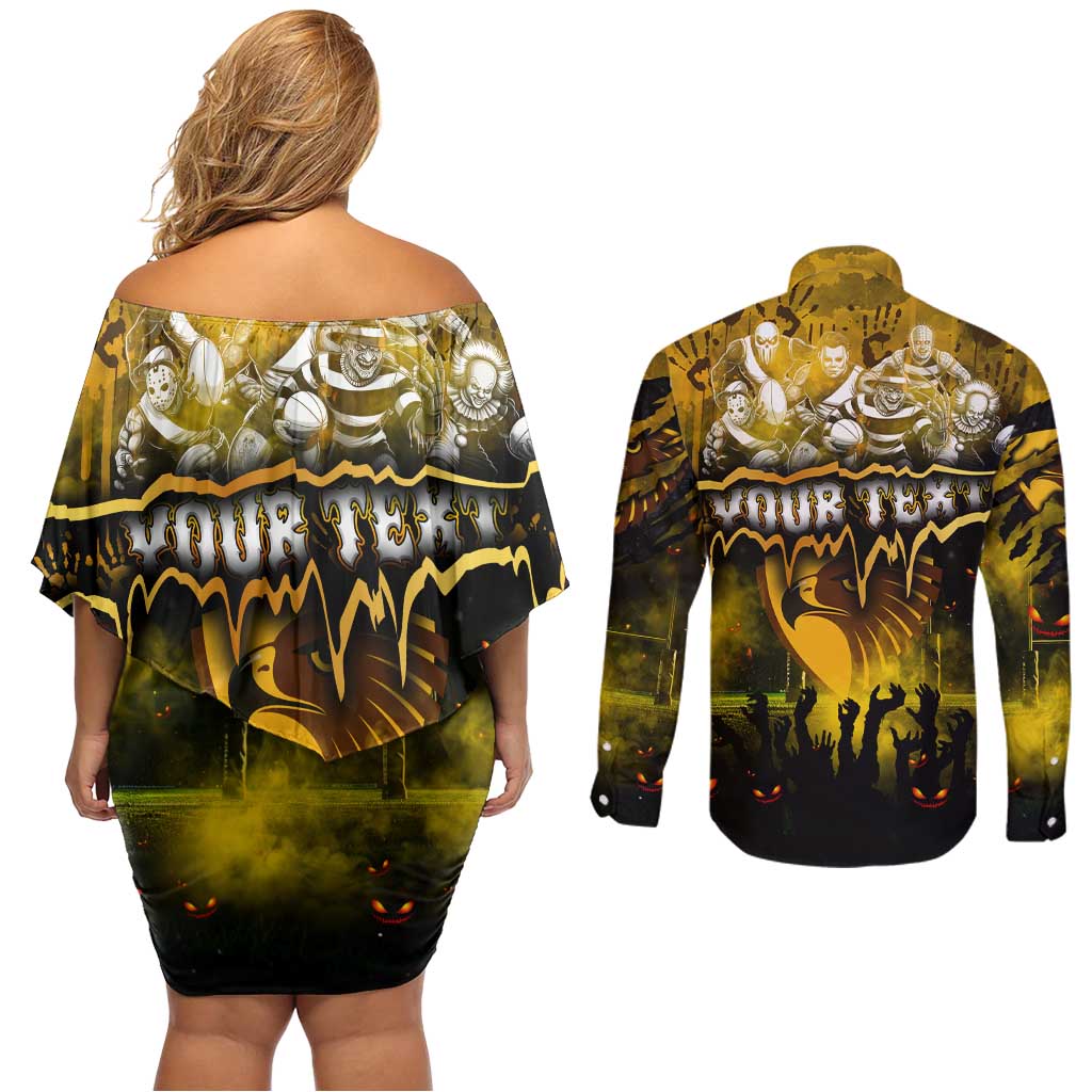 Step Into Horror Domain Hawks Football Couples Matching Off Shoulder Short Dress and Long Sleeve Button Shirt Halloween Horror Movie Characters - Aussie Hoodie