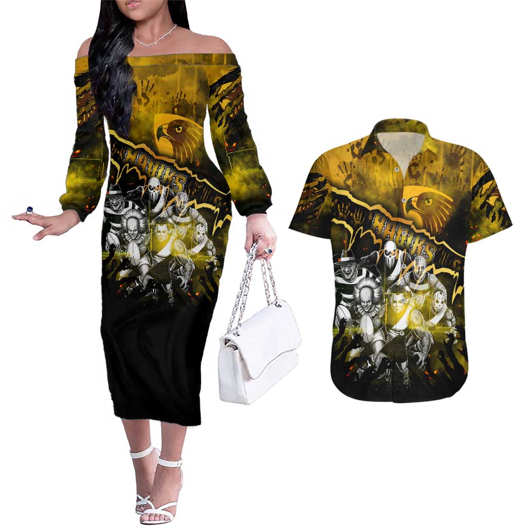 Step Into Horror Domain Hawks Football Couples Matching Off The Shoulder Long Sleeve Dress and Hawaiian Shirt Halloween Horror Movie Characters - Aussie Hoodie