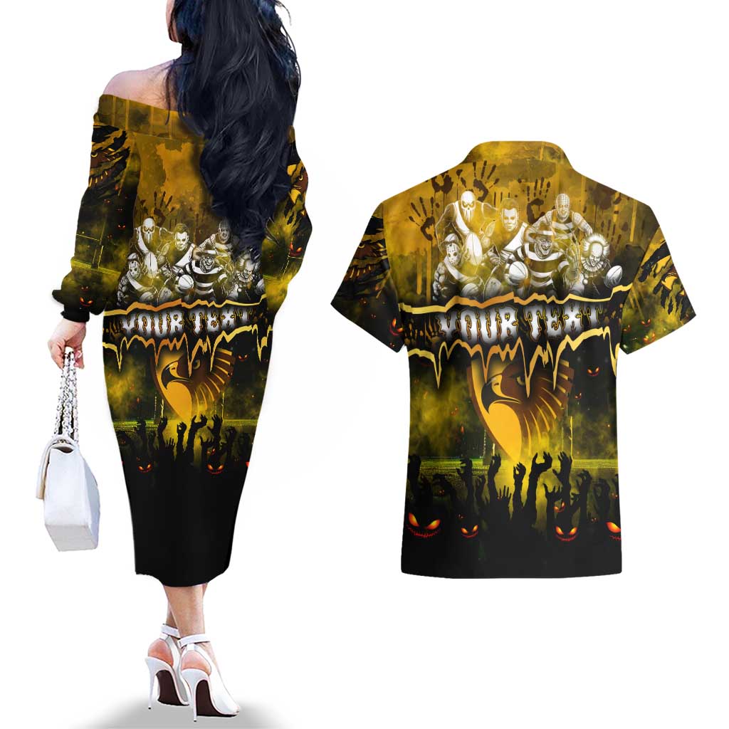 Step Into Horror Domain Hawks Football Couples Matching Off The Shoulder Long Sleeve Dress and Hawaiian Shirt Halloween Horror Movie Characters - Aussie Hoodie