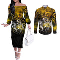 Step Into Horror Domain Hawks Football Couples Matching Off The Shoulder Long Sleeve Dress and Long Sleeve Button Shirt Halloween Horror Movie Characters - Aussie Hoodie