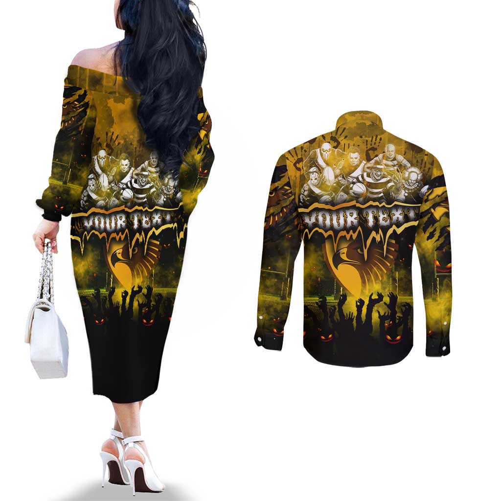 Step Into Horror Domain Hawks Football Couples Matching Off The Shoulder Long Sleeve Dress and Long Sleeve Button Shirt Halloween Horror Movie Characters - Aussie Hoodie