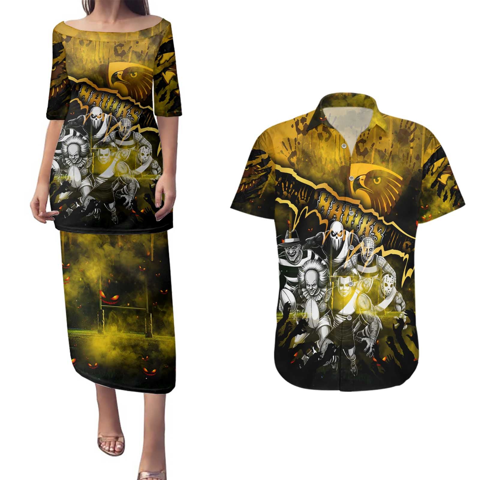 Step Into Horror Domain Hawks Football Couples Matching Puletasi and Hawaiian Shirt Halloween Horror Movie Characters - Aussie Hoodie