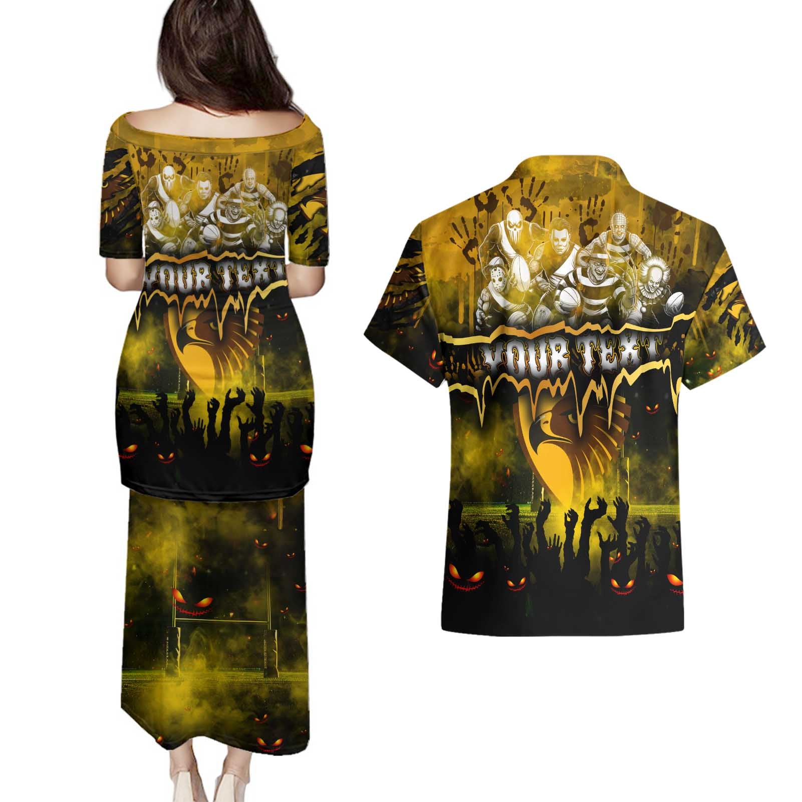 Step Into Horror Domain Hawks Football Couples Matching Puletasi and Hawaiian Shirt Halloween Horror Movie Characters - Aussie Hoodie