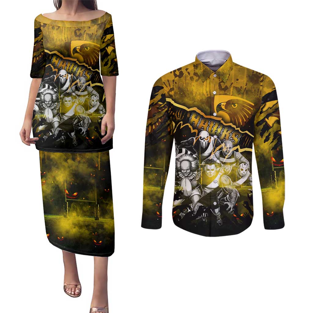 Step Into Horror Domain Hawks Football Couples Matching Puletasi and Long Sleeve Button Shirt Halloween Horror Movie Characters - Aussie Hoodie