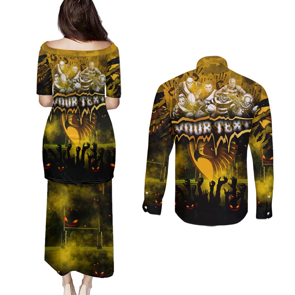 Step Into Horror Domain Hawks Football Couples Matching Puletasi and Long Sleeve Button Shirt Halloween Horror Movie Characters - Aussie Hoodie