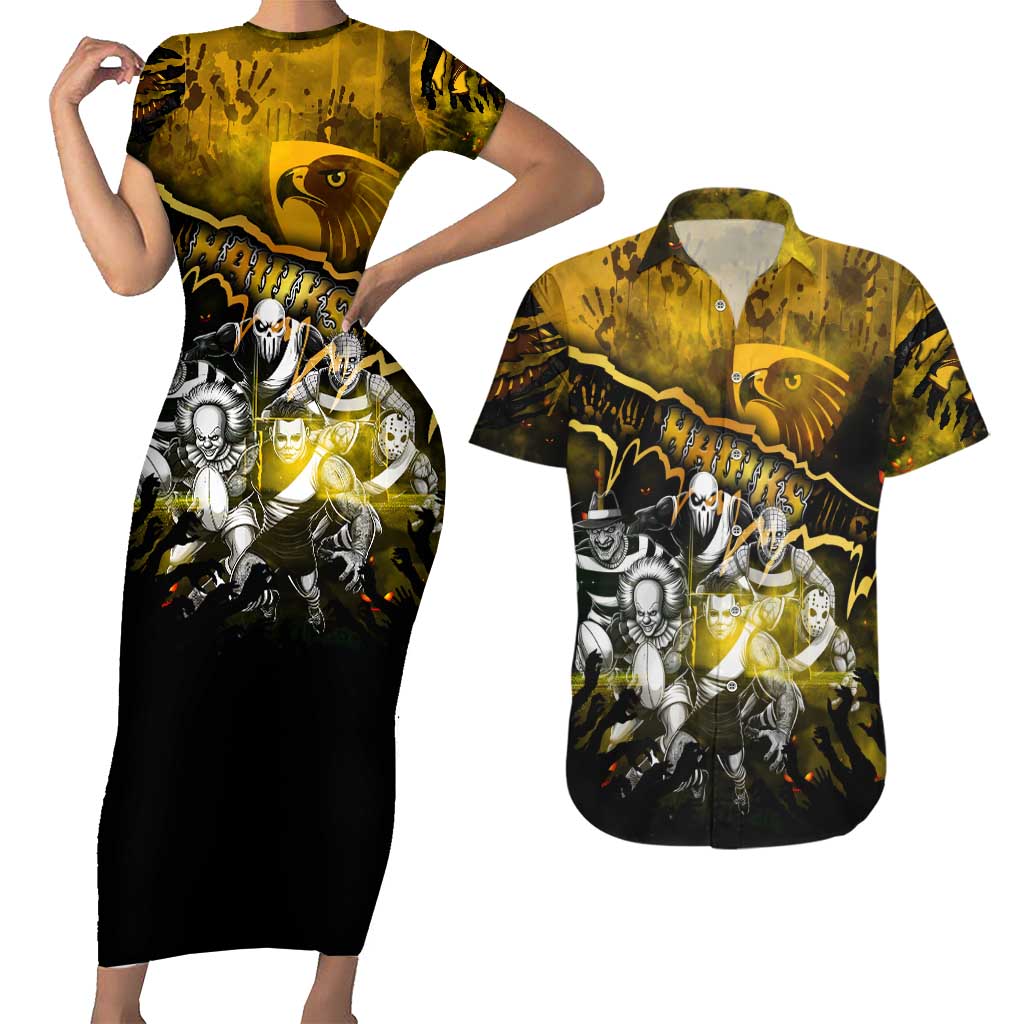 Step Into Horror Domain Hawks Football Couples Matching Short Sleeve Bodycon Dress and Hawaiian Shirt Halloween Horror Movie Characters - Aussie Hoodie