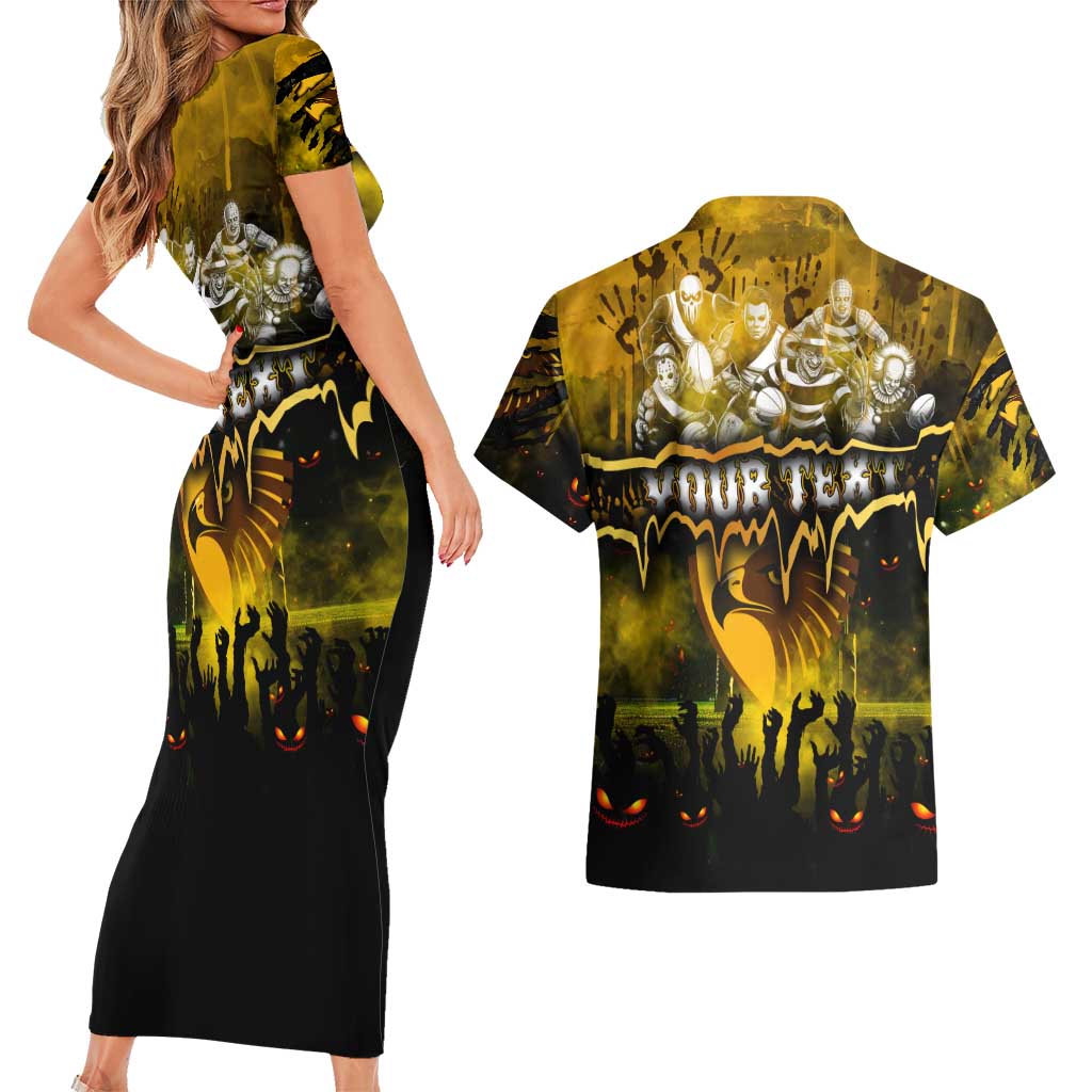 Step Into Horror Domain Hawks Football Couples Matching Short Sleeve Bodycon Dress and Hawaiian Shirt Halloween Horror Movie Characters - Aussie Hoodie