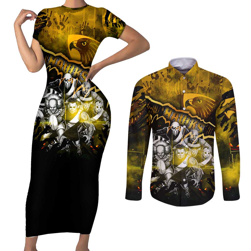 Step Into Horror Domain Hawks Football Couples Matching Short Sleeve Bodycon Dress and Long Sleeve Button Shirt Halloween Horror Movie Characters - Aussie Hoodie