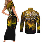 Step Into Horror Domain Hawks Football Couples Matching Short Sleeve Bodycon Dress and Long Sleeve Button Shirt Halloween Horror Movie Characters - Aussie Hoodie