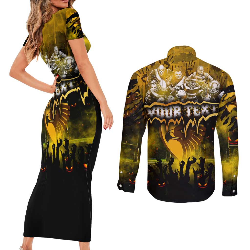 Step Into Horror Domain Hawks Football Couples Matching Short Sleeve Bodycon Dress and Long Sleeve Button Shirt Halloween Horror Movie Characters - Aussie Hoodie
