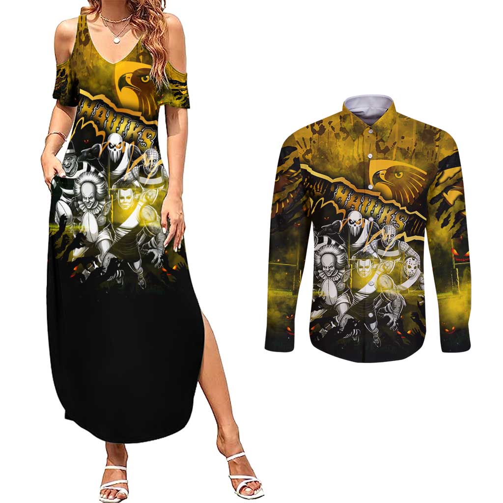 Step Into Horror Domain Hawks Football Couples Matching Summer Maxi Dress and Long Sleeve Button Shirt Halloween Horror Movie Characters - Aussie Hoodie