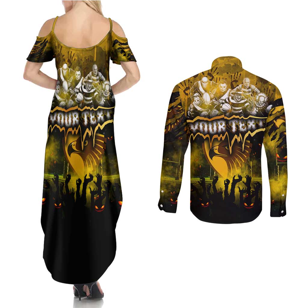 Step Into Horror Domain Hawks Football Couples Matching Summer Maxi Dress and Long Sleeve Button Shirt Halloween Horror Movie Characters - Aussie Hoodie