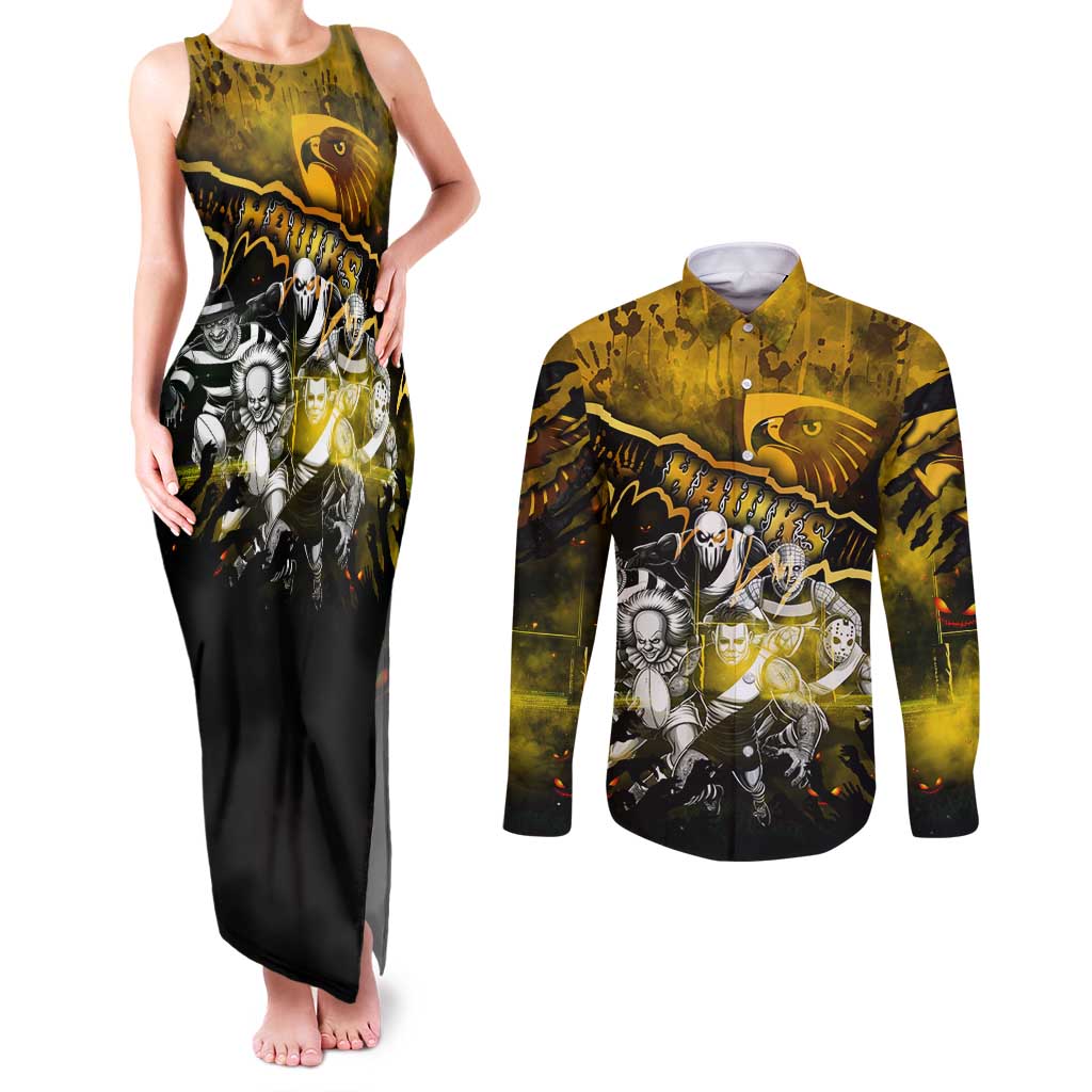 Step Into Horror Domain Hawks Football Couples Matching Tank Maxi Dress and Long Sleeve Button Shirt Halloween Horror Movie Characters - Aussie Hoodie
