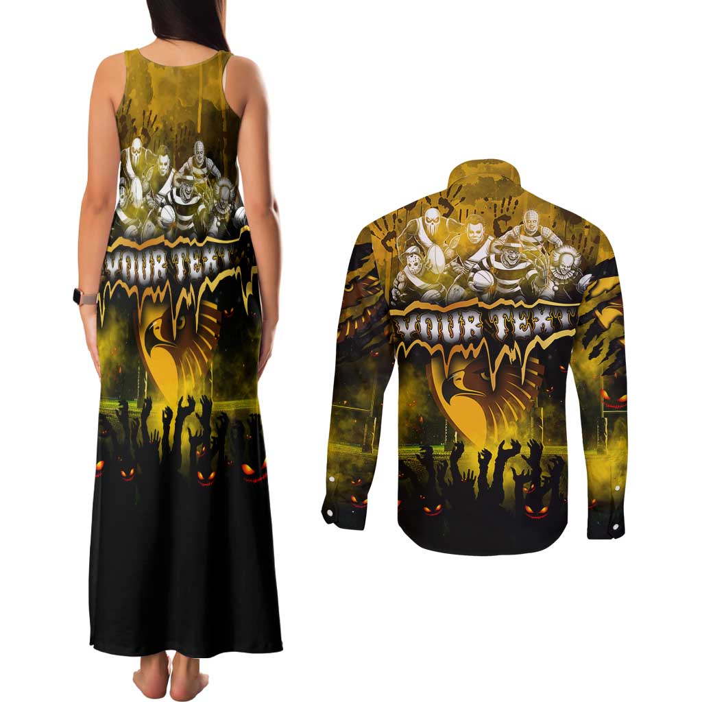 Step Into Horror Domain Hawks Football Couples Matching Tank Maxi Dress and Long Sleeve Button Shirt Halloween Horror Movie Characters - Aussie Hoodie