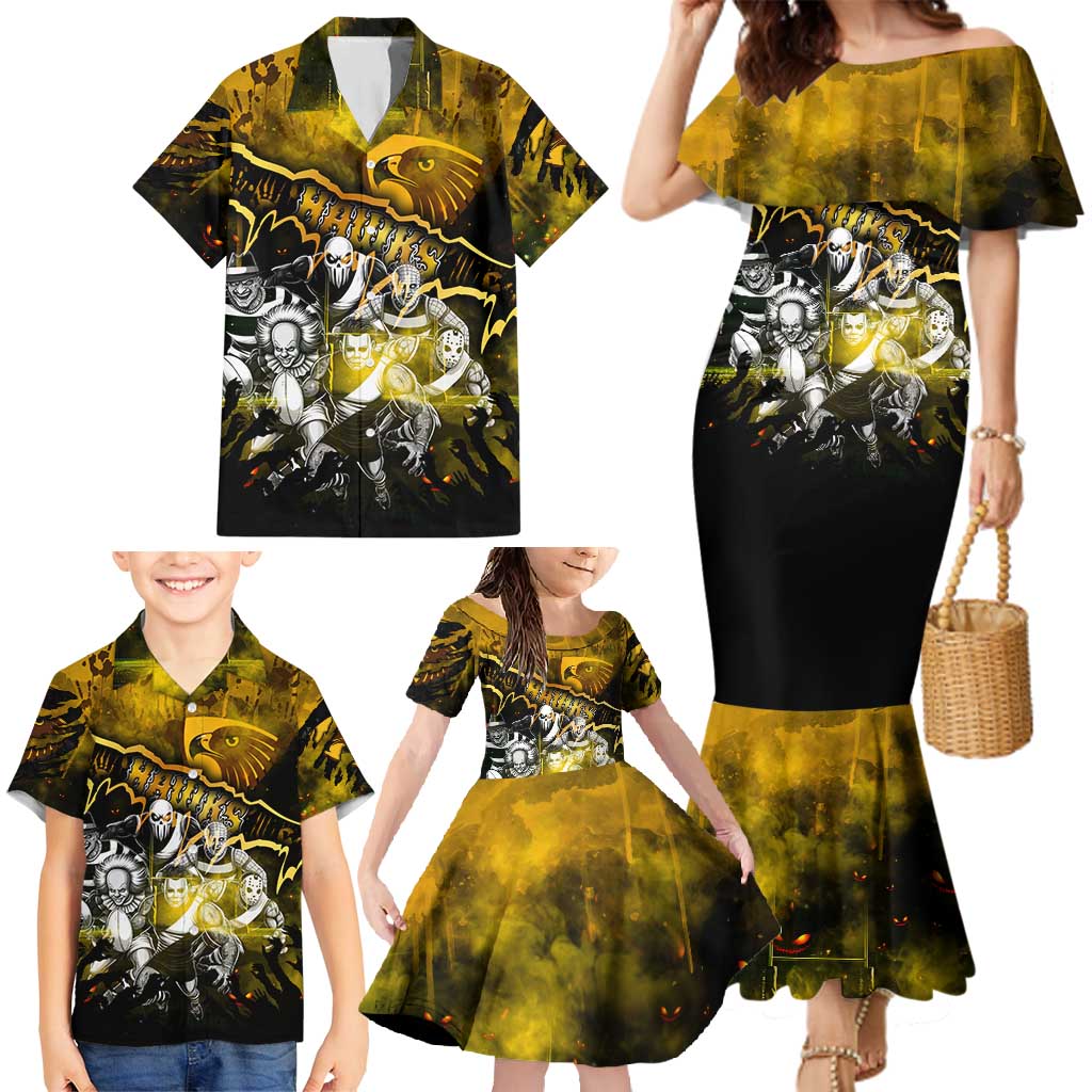 Step Into Horror Domain Hawks Football Family Matching Mermaid Dress and Hawaiian Shirt Halloween Horror Movie Characters - Aussie Hoodie