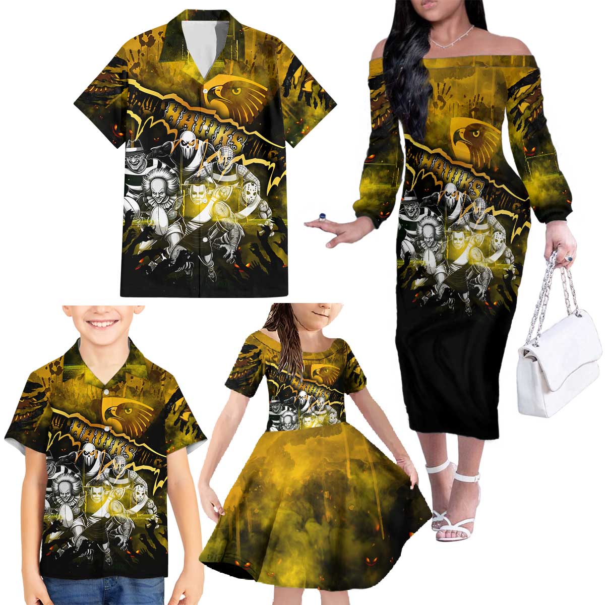 Step Into Horror Domain Hawks Football Family Matching Off The Shoulder Long Sleeve Dress and Hawaiian Shirt Halloween Horror Movie Characters - Aussie Hoodie