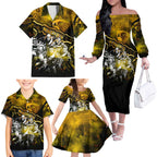Step Into Horror Domain Hawks Football Family Matching Off The Shoulder Long Sleeve Dress and Hawaiian Shirt Halloween Horror Movie Characters - Aussie Hoodie