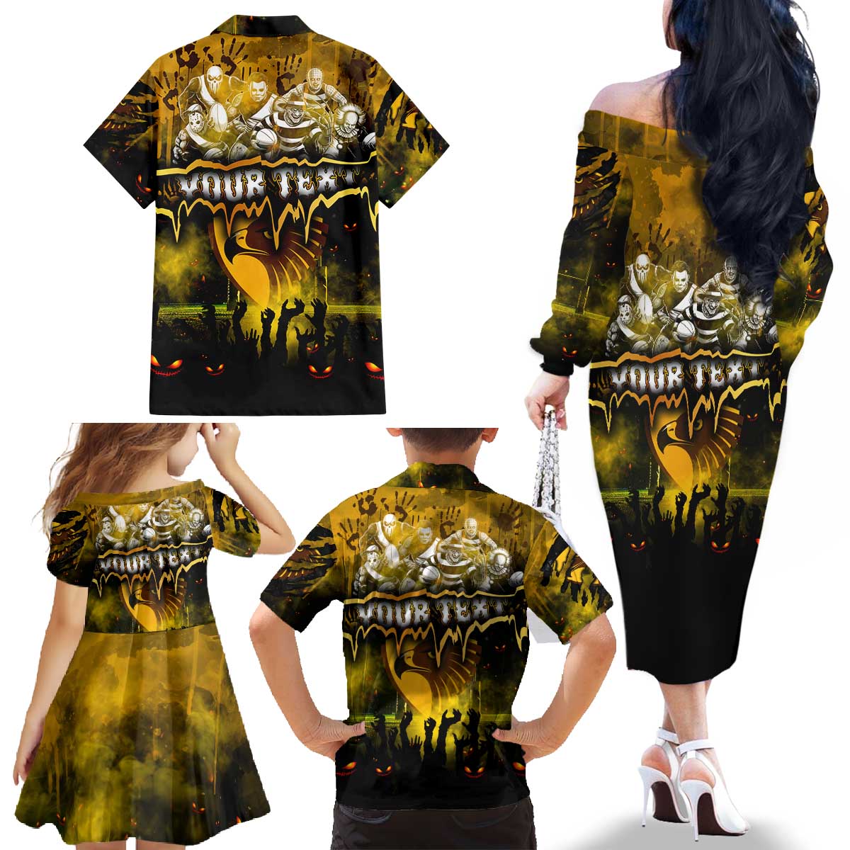 Step Into Horror Domain Hawks Football Family Matching Off The Shoulder Long Sleeve Dress and Hawaiian Shirt Halloween Horror Movie Characters - Aussie Hoodie