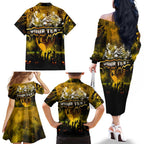 Step Into Horror Domain Hawks Football Family Matching Off The Shoulder Long Sleeve Dress and Hawaiian Shirt Halloween Horror Movie Characters - Aussie Hoodie