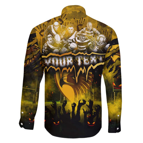 Step Into Horror Domain Hawks Football Family Matching Off The Shoulder Long Sleeve Dress and Hawaiian Shirt Halloween Horror Movie Characters - Aussie Hoodie