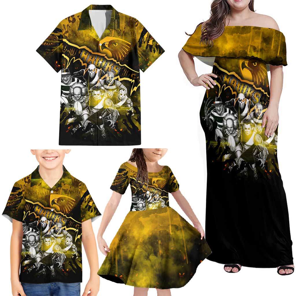 Step Into Horror Domain Hawks Football Family Matching Off Shoulder Maxi Dress and Hawaiian Shirt Halloween Horror Movie Characters - Aussie Hoodie