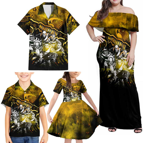 Step Into Horror Domain Hawks Football Family Matching Off Shoulder Maxi Dress and Hawaiian Shirt Halloween Horror Movie Characters - Aussie Hoodie