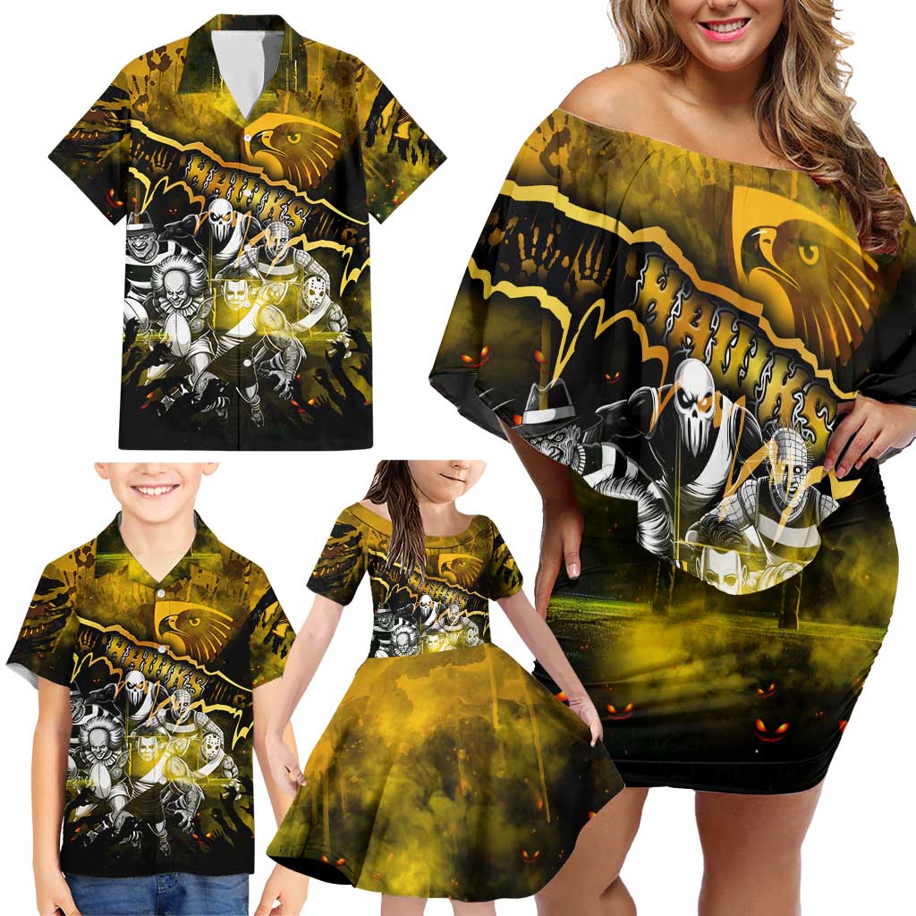 Step Into Horror Domain Hawks Football Family Matching Off Shoulder Short Dress and Hawaiian Shirt Halloween Horror Movie Characters - Aussie Hoodie
