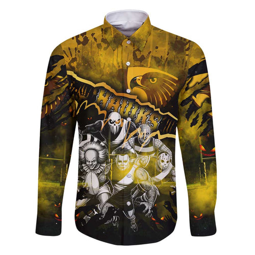 Step Into Horror Domain Hawks Football Family Matching Off Shoulder Short Dress and Hawaiian Shirt Halloween Horror Movie Characters - Aussie Hoodie