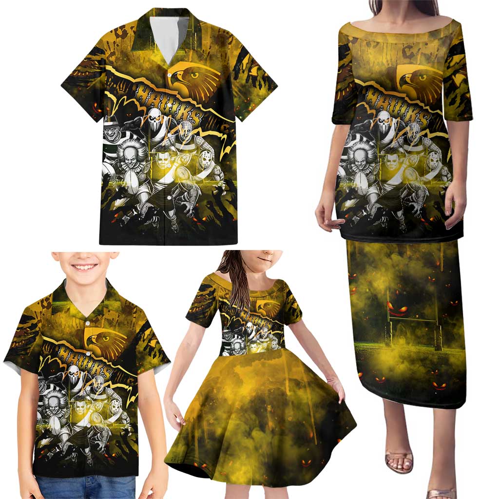 Step Into Horror Domain Hawks Football Family Matching Puletasi and Hawaiian Shirt Halloween Horror Movie Characters - Aussie Hoodie