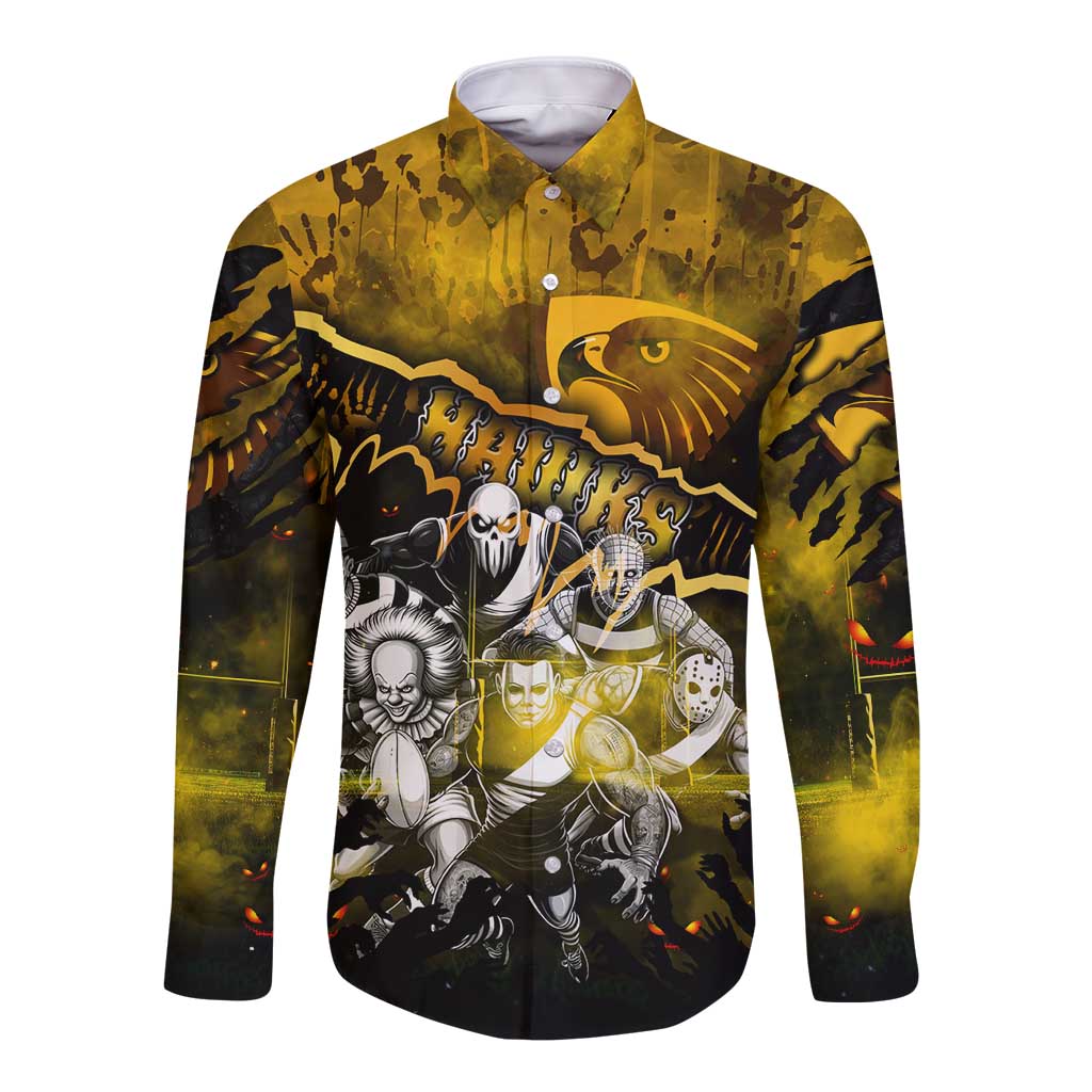 Step Into Horror Domain Hawks Football Long Sleeve Button Shirt Halloween Horror Movie Characters - Aussie Hoodie