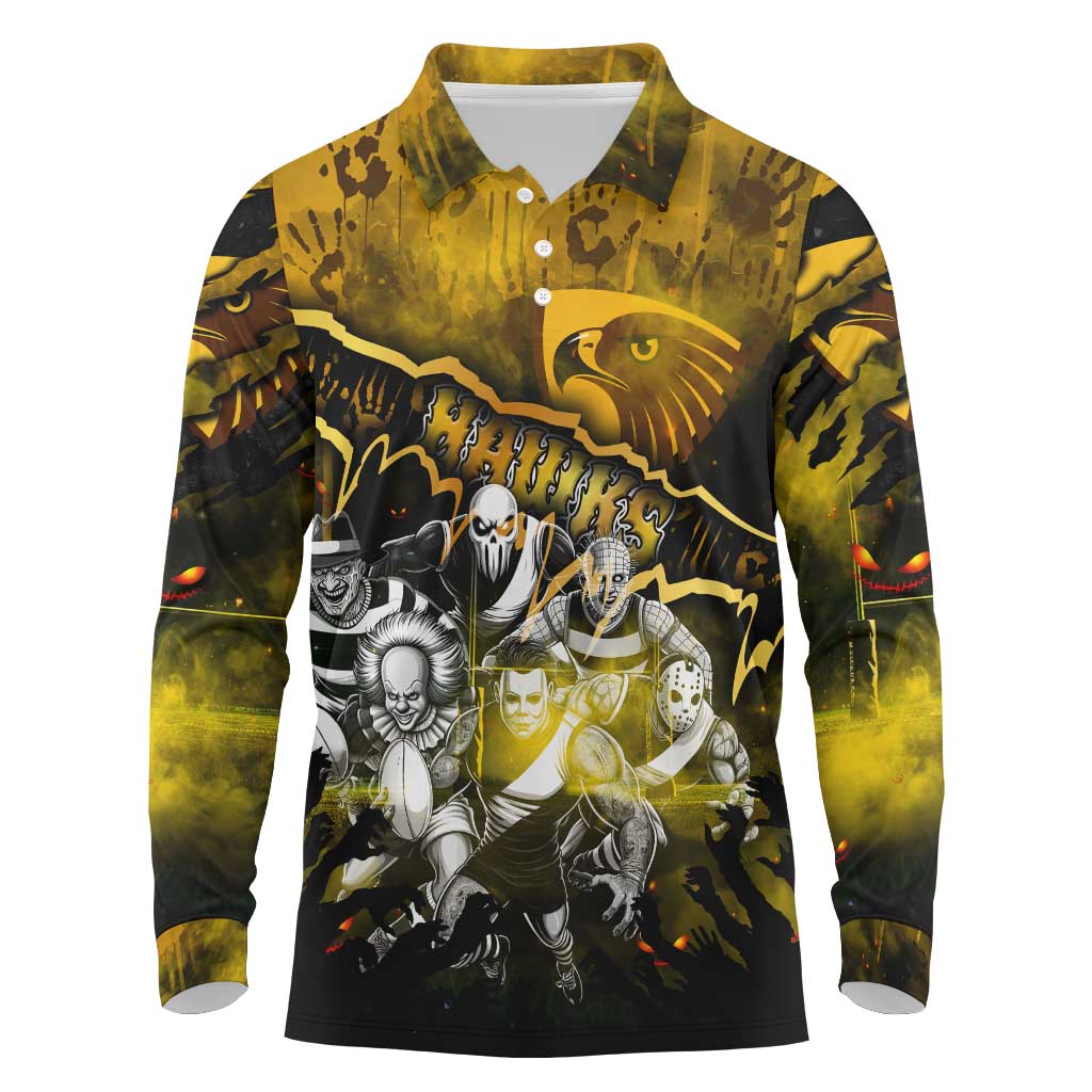 Step Into Horror Domain Hawks Football Long Sleeve Polo Shirt Halloween Horror Movie Characters - Aussie Hoodie