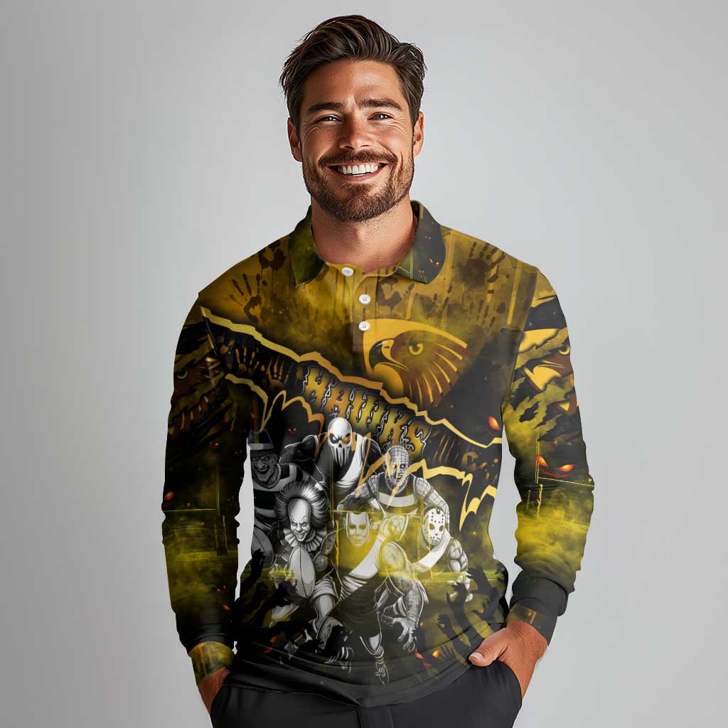 Step Into Horror Domain Hawks Football Long Sleeve Polo Shirt Halloween Horror Movie Characters - Aussie Hoodie