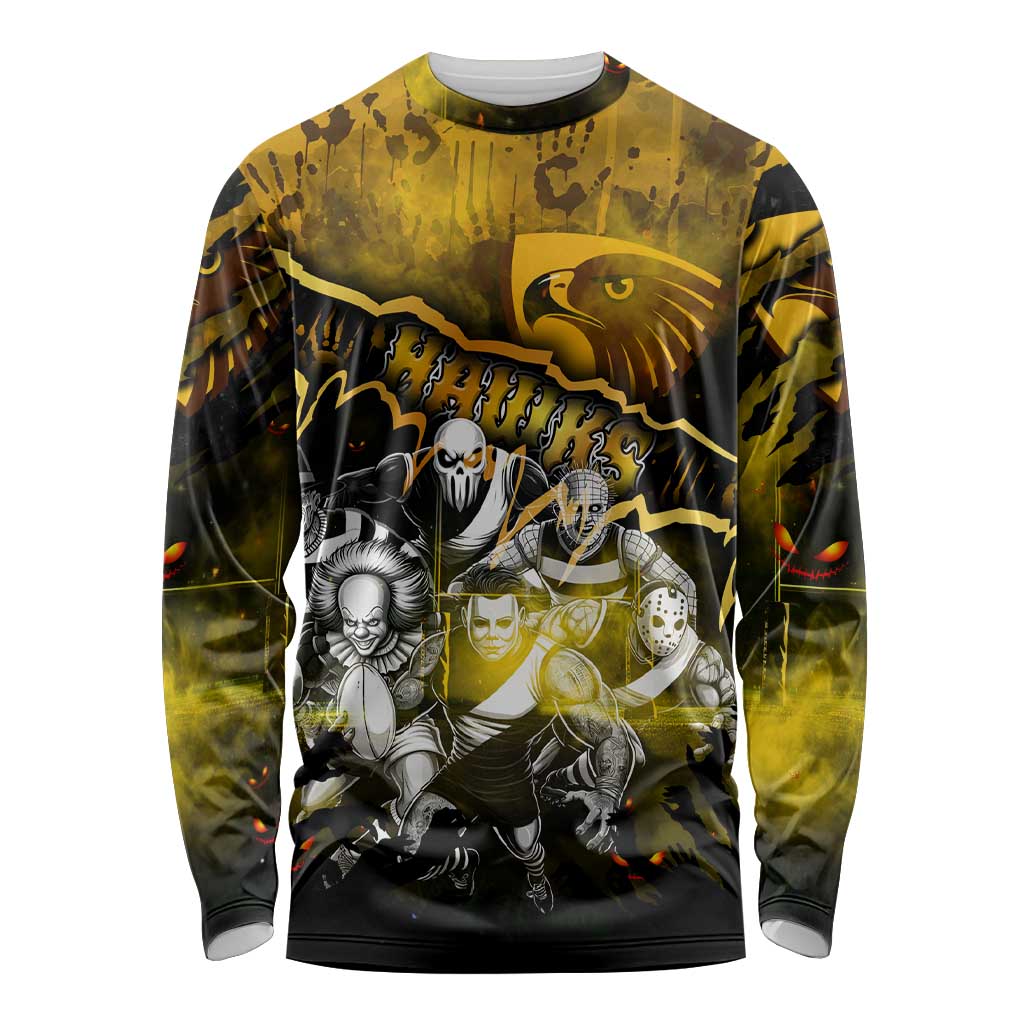 Step Into Horror Domain Hawks Football Long Sleeve Shirt Halloween Horror Movie Characters - Aussie Hoodie